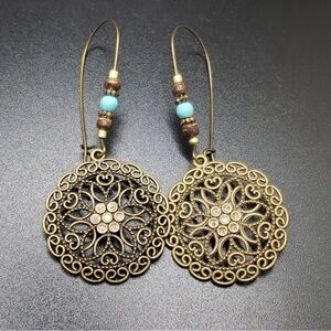 Boho Gold and Turquoise Costume Earrings, EUC